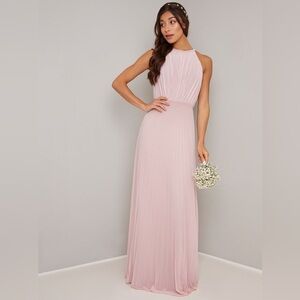 Chi Chi London High Neck Pleated Maxi Evening Dress in Blush Pink Size 8